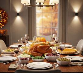 A beautifully set Thanksgiving table with a roasted turkey, various side dishes, and a festive atmosphere.