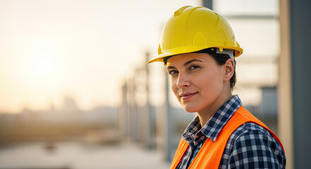 A woman in a yellow hard hat and orange safety vest standing on a construction site.