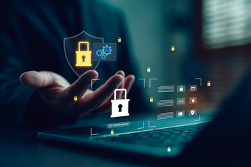 Businessman using AI-powered cybersecurity system for data protection, privacy control, and secure digital access on virtual interface with lock icons and shield technology.