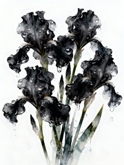 Surreal Flowers Series : Vibrant Black Irises Dripping with Water on a Clean White Background 001