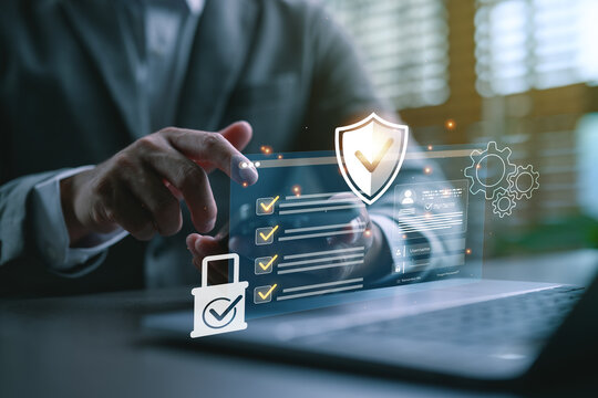 Businessman using digital interface with checklist and security icons, representing cybersecurity, data protection, secure access, and digital identity verification system.