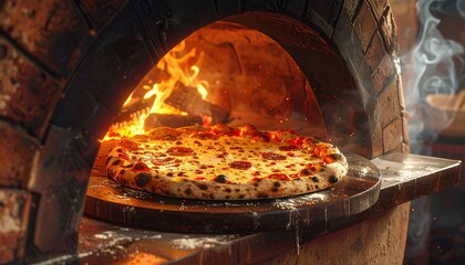 A sizzling pizza emerges from a wood-fired oven showcasing culinary artistry and deliciousness