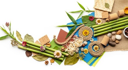 A colorful arrangement of bamboo sticks, flowers, and natural elements on a white background.