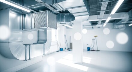 A modern industrial building with clean, white walls and metallic ductwork. The scene is illuminated by bright, overhead fluorescent lights, casting a bright, reflective glow on the metallic surfaces.