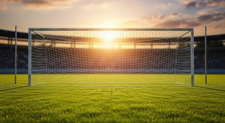 A soccer goalpost with a sunset in the background.