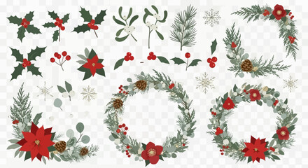 Christmas Floral Elements Wreaths, Sprigs, and Poinsettias