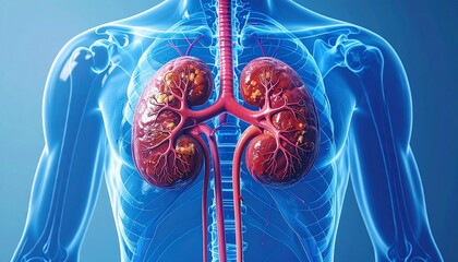 Medical Illustration of Human Kidney Anatomy and Renal System Visualization