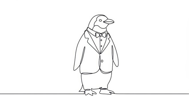 Single continuous line drawing depicts a formal penguin standing upright in a suit