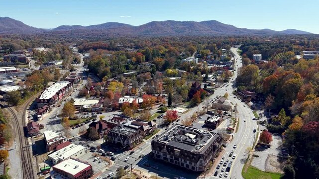 Biltmore Village aerial in asheville nc, north carolina one year after hurricane helene