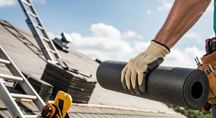 A worker holding a roll of black rubber matting on a roof with a ladder and tools in the background.
