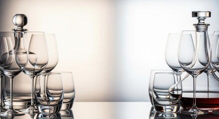 A collection of empty wine glasses and a decanter on a reflective surface.