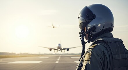 A pilot stands on a runway, observing an airplane takeoff.