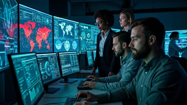 Team of cybersecurity experts monitoring global threats on large screens.