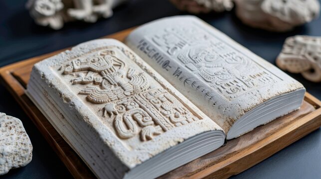 A close-up of an open, ancient-looking book made of amate paper
