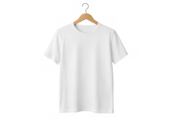 White crew neck t-shirt hanging on wooden hanger providing retail display garment mockup template