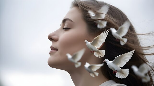 A serene woman with closed eyes surrounded by white doves, symbolizing peace, freedom, and tranquility, capturing a moment of inner harmony and spiritual awakening