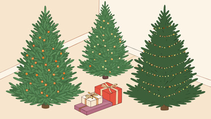 Three christmas trees with decorations and gifts under them, creating a festive and cozy atmosphere in a room with a neutral background