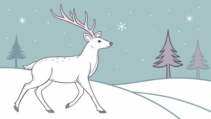 A delightful illustration portrays a white deer gracefully walking through a snowy landscape with stylized fir trees and snowflakes, evoking a winter scene