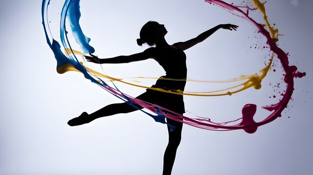 A ballerina dancing with colorful paint splashes, creating a dynamic silhouette and conveying themes of art, movement, creativity, and expression
