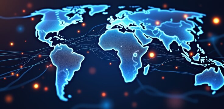 Digital world map with glowing blue continents and network connections