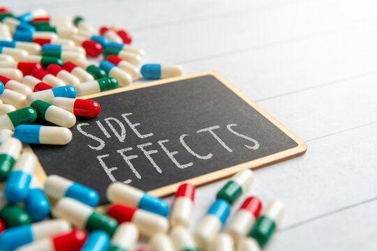 Close-up of a small chalkboard with the words "Side Effects" surrounded by colorful pills. Drug risks, medical warnings, adverse reactions concepts.