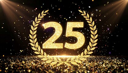 25th Anniversary Golden Glitter Dust Wreath Background　25周年記念のお祝いのイメージ　黒地に輝く金色の月桂冠と数字の「25」と金色の粒子の豪華な背景　デジタルイラスト