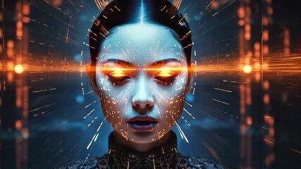 Futuristic cybernetic woman with illuminated facial interface and orange eyes in digital space. concept of cybernetic intelligence, artificial intelligence with a human face, AI, cyberspace - Powered by Adobe