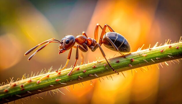 Macro photograph of a red ant crawling on a green stem with a blurred golden bokeh background during golden hour sunlight highlighting details of the insect's body and antennae - Powered by Adobe