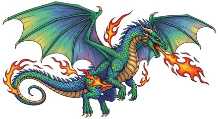 Epic Colorful Fire-Breathing Dragon Illustration with Flames and Detailed Scales &ndash; Fantasy Mythical Creature Art for Tattoo, Poster, Gaming Design, and Merchandise