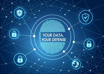 Data protection concept with fingerprint and security icons on a blue background