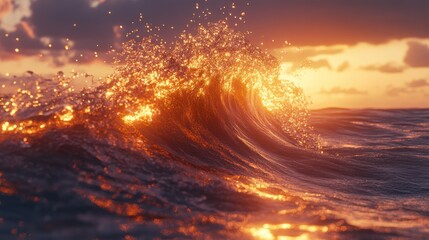 Fototapeta premium Golden sunrise ocean wave, dramatic sunset, ocean surf