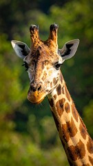 Obraz premium Close-up of a giraffe's head and neck against a blurred green backdrop. Warm light highlights its coat