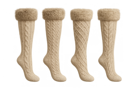 Cozy winter knitted socks with fur trim featuring cable knit and diagonal patterns, warm clothing for cold weather