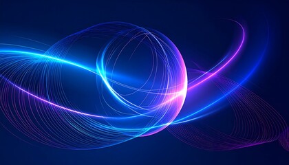 Naklejka premium An abstract design showcases glowing neon lines in blue and pink, swirling against a deep, dark blue background