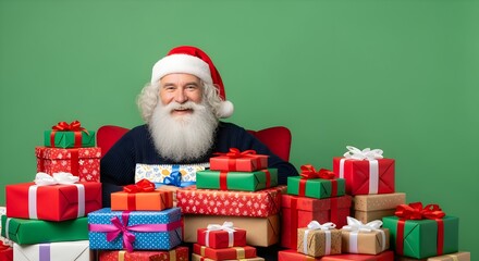 A beaming Santa Claus joyfully presents a plentiful pile of vibrant holiday gifts, radiating the cheerful spirit of Christmas generosity against a simple green backdrop, ready for festive celebrations