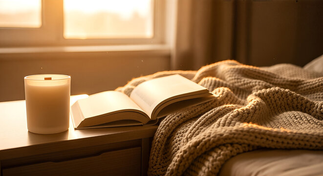 Cozy Bedroom Scene with Open Book and Lit Candle by Window.