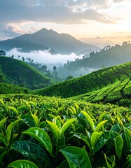 Lush, emerald-green tea plantation cascades down rolling hills towards a distant mountain, shrouded in misty clouds. Early sunlight casts a warm glow
