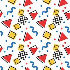 Seamless flat vector geometric pattern in 80s Memphis style — squiggles, triangles, and grids 