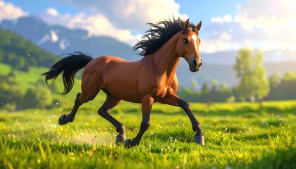 Majestic Horse Galloping Freely in a Lush Green Meadow.