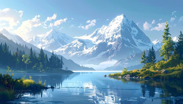Serene landscape mountains, lake, and trees under a blue sky