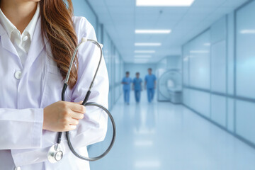 Young lady asian doctor dressed uniform smiling arm stethoscope on walkway. COPY SPACE.