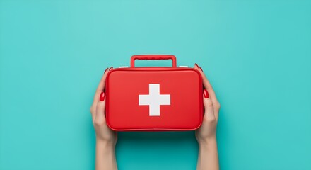 Person holding a vibrant red first aid kit on a bright blue background, symbolizing essential healthcare and emergency readiness for immediate medical attention