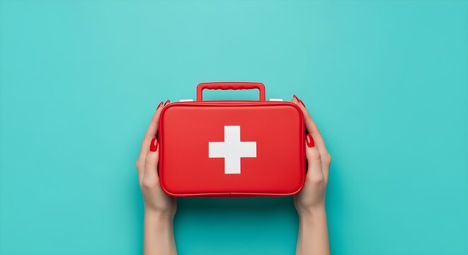 Person holding a vibrant red first aid kit on a bright blue background, symbolizing essential healthcare and emergency readiness for immediate medical attention