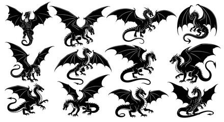Obraz premium Set of Flying and Roaring Dragon Silhouette Designs – Black Mythical Creature Vector Collection for Tattoo, Logo, Fantasy Illustration, and Graphic Design Isolated on White Background 