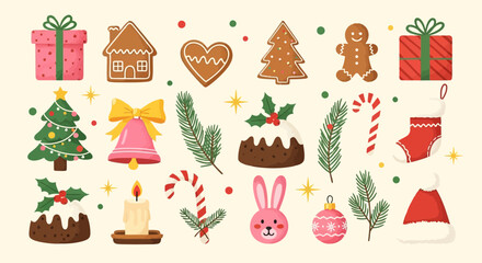 Fototapeta premium A collection of festive christmas icons including gingerbread cookies, gifts, christmas trees, candles, and ornaments, perfect for holiday designs and decorations