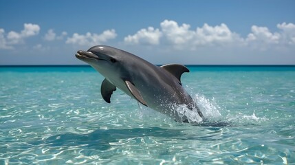 A dolphin with a sleek gray and shiny dolphin leaps out of the water, its sleek body glistening in the sunlight.