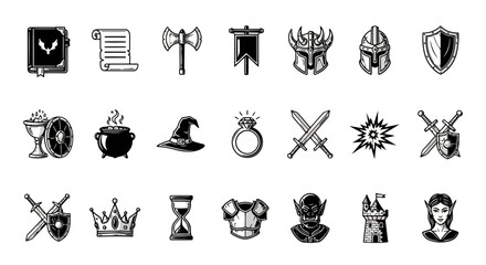 Fantasy and medieval icons set including sword, shield, armor, helmet, axe, potion, book, scroll, ring, crown, and castle
