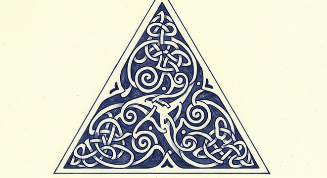 Intricate knotwork design fills a triangular border shape on a light background