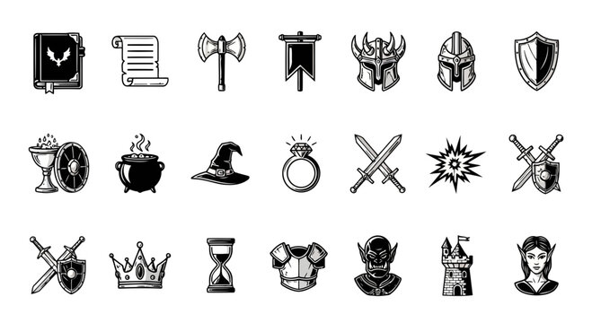 Fantasy and medieval icons set including sword, shield, armor, helmet, axe, potion, book, scroll, ring, crown, and castle