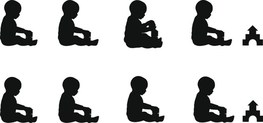 Child silhouette playing, building blocks, developmental stages, early learning, motor skills, cognitive growth, educational illustration, black vector icons, play sequence